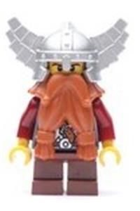 Dwarf Minifigure - Dwarf from Fantasy Era with dark orange beard, wearing metallic silver helmet with wings, and dark red arms - cas357