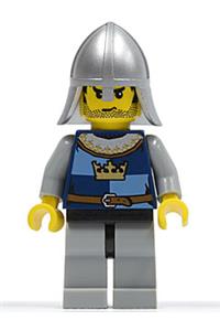 Crown Knight Quarters Minifigure - Crown Knight with black messy hair and stubble, wearing a helmet with neck protector in Fantasy Era style - cas366