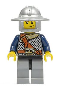 Crown Knight Minifigure - Crown Knight from Fantasy Era with a scale mail and chest strap, broad brim helmet, dual-sided head, light bluish gray legs, and a quiver - cas374