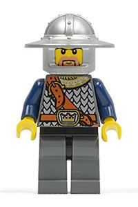 Guard Minifigure - Crown Knight from Fantasy Era with scale mail featuring a chest strap, broad brim helmet, and brown beard with sideburns - cas381