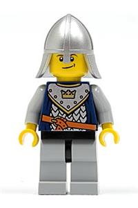Guard Minifigure - Crown Knight from Fantasy Era wearing scale mail with a crown, helmet with neck protector, and a crooked smile - cas382
