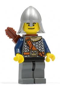 Guard Minifigure - Crown Knight from Fantasy Era with scale mail, helmet, dual-sided head, and a quiver - cas383