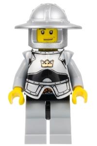 Crown Knight Minifigure - Crown Knight from Fantasy Era with scale mail, crown, breastplate, helmet with broad brim, and smirk with stubble beard - cas387