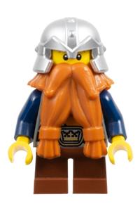 Dwarf Minifigure - Dwarf from Fantasy Era with dark orange beard, metallic silver helmet, dark blue arms, brown eyebrows, and a thin grin - cas392
