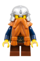 Dwarf from Fantasy Era with dark orange beard, metallic silver helmet, dark blue arms, brown eyebrows, and a thin grin - cas392