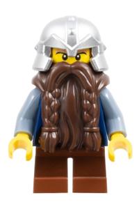 Dwarf Minifigure - Dwarf from the Fantasy Era with a dark brown beard, wearing a metallic silver helmet with studded bands and sand blue arms - cas393