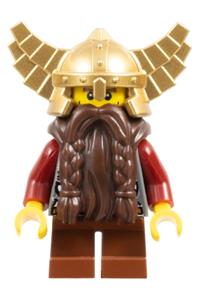 Dwarf Minifigure - Dwarf from Fantasy Era with a dark brown beard, wearing a metallic gold helmet with wings, dark red arms, and vertical cheek lines - cas394