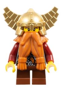 Dwarf Minifigure - Dwarf from Fantasy Era with a dark orange beard, wearing a metallic gold helmet with wings and dark red arms - cas395