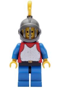 Red Knight with Breastplate - Red Knight with red breastplate and blue arms, blue legs with black hips, dark gray grille helmet, yellow plume, and blue plastic cape - cas414