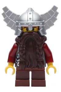 Dwarf Minifigure - Dwarf from the Fantasy Era with a metallic silver helmet with wings, dark brown beard, and dark red arms - cas429