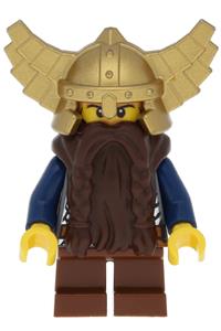 Dwarf Minifigure - Dwarf from Fantasy Era with dark brown beard, metallic gold helmet with wings, dark blue arms, and dual-sided head - cas430