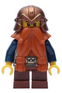 Dwarf Minifigure - Dwarf from Fantasy Era with a dark orange beard, wearing a copper helmet, dark blue arms, and a smirk with stubble beard - cas431