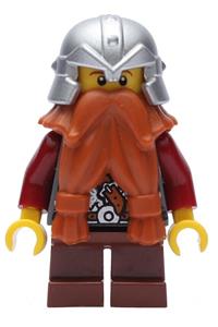 Dwarf Minifigure - Dwarf from Fantasy Era with a dark orange beard wearing a metallic silver helmet with studded bands and dark red arms - cas432