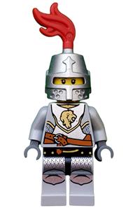 Lion Knight Minifigure - Lion Knight in Kingdoms theme with closed helmet, smirk, stubble beard, and breastplate featuring lion head and belt - cas440
