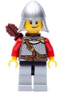 Lion Knight Minifigure - A Lion Knight from the Kingdoms theme donning scale mail with chest strap, helmet, quiver, and sporting a smirk with stubble beard - cas451