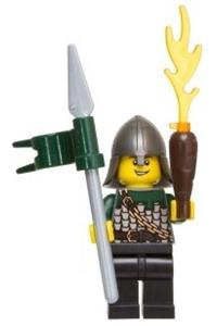 Dragon Knight Soldier Minifigure - Dragon Knight wearing scale mail with chain and belt, a helmet with neck protector, and an open grin - cas463