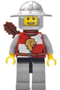 Lion Knight Minifigure - Lion Knight from the Kingdoms theme wearing a helmet with a broad brim, carrying a quiver, and showing an open grin - cas474