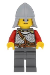 Lion Knight Minifigure - Lion Knight from the Kingdoms theme with scale mail, chest strap, belt, helmet, brown eyebrows, and a thin grin - cas478