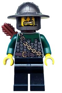Dragon Knight Soldier Minifigure - Knight from Kingdoms in scale mail with chain and belt, wearing a helmet with broad brim, and carrying a quiver - cas488