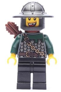 Dragon Knight Soldier Minifigure - Dragon Knight in scale mail with a chain and belt, wearing a helmet with a broad brim, carrying a quiver, and missing a tooth - cas494