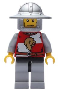 Lion Knight Minifigure - Lion Knight from the Kingdoms theme with quarters, helmet with broad brim, vertical cheek lines, and mouth closed or scared pattern - cas498