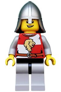 Lion Knight Minifigure - A Lion Knight with quarters and a helmet with a neck protector, displaying an open grin - cas501