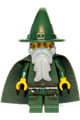 Wizard in dark green from the Kingdoms theme with a light bluish gray beard and chess king cape - cas509