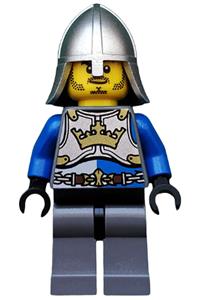King's Knight Minifigure - Knight in King's armor with crown and chain belt, helmet with neck protector, and closed grin with stubble - cas516