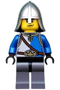 King's Knight Minifigure - King's Knight in blue and white castle theme with chest strap, crown belt, helmet, angry eyebrows, and scowl - cas521
