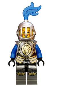 King's Knight Minifigure - Knight wearing King's knight armor with lion head and crown, helmet with fixed grille, and blue plume - cas523