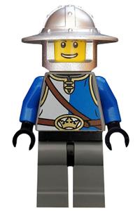 Solider Minifigure - King's knight in blue and white with chest strap and crown belt, broad brim helmet, and open grin - cas526
