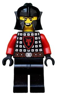 Dragon Knight Minifigure - Dragon Knight in scale mail armor with a dragon shield, wearing a cheek protection helmet and flashing a missing tooth grin - cas528