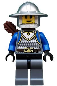 King's Knight Minifigure - Knight adorned in King's Knight scale mail with crown belt, helmet with broad brim, quiver, smirk, and stubble beard - cas531