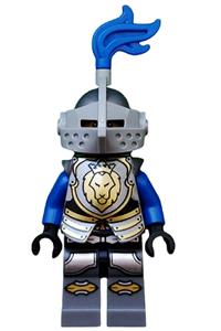 King's Knight Minifigure - Knight wearing King's Knight armor with lion head, crown, helmet with pointed visor, blue plume, and determined/open mouth scared pattern - cas535
