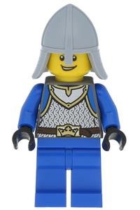 King's Knight Minifigure - A King's Knight from the castle theme, wearing scale mail, a crown, helmet with neck protector, and exhibiting an open grin - cas540