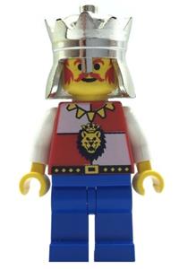 Royal Knight King Minifigure - King of the Royal Knights wearing a chrome gold crown with a lion crest, black hips, and blue legs - cas552