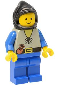 Peasant Minifigure - Peasant with blue legs, wearing a black hood and carrying a dark basket - cas553