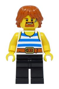 Blacksmith Minifigure - Blacksmith minifigure with white tank top with blue stripes, black legs, and dark orange hair - cas556