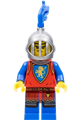 Female lion knight wearing a flat silver helmet with fixed grille and a blue plume - cas567