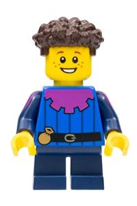 Peasant Minifigure - Child peasant with dark brown coiled hair and dark blue short legs - cas577