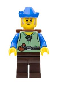 Peasant Minifigure - Male peasant with dark brown legs, wearing a blue hat and carrying a basket - cas579