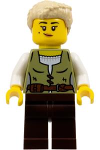 Carpenter Minifigure - Female carpenter with olive green vest, tan coiled hair ponytail, and dark brown legs - cas582