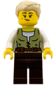 Female carpenter with olive green vest, tan coiled hair ponytail, and dark brown legs - cas582