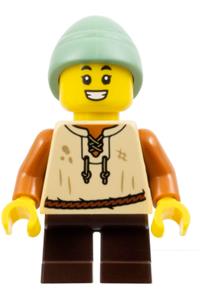 Peasant Boy Minifigure - Peasant boy with tan vest, wearing sand green slouch hat and dark brown short legs - cas584