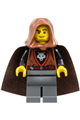 Wolfpack minifigure with dark bluish gray legs, wearing a reddish brown hood and a dark brown cape - cas585