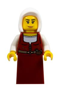 Innkeeper Minifigure - Female innkeeper in a dark red dress with a white hood - cas586