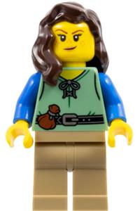 Shieldsmith Minifigure - Female shieldsmith with dark brown hair over shoulder, wearing a sand green vest and dark tan legs - cas587