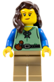 Female shieldsmith with dark brown hair over shoulder, wearing a sand green vest and dark tan legs - cas587