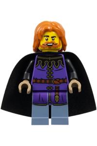 Queen's Tax Collector Minifigure - Tax collector for the queen with dark purple surcoat, sand blue legs, and black cape, featuring dark orange hair - cas588