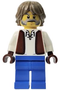 Blacksmith Minifigure - Blacksmith with dark tan hair wearing a white shirt with reddish brown vest and blue legs - cas594